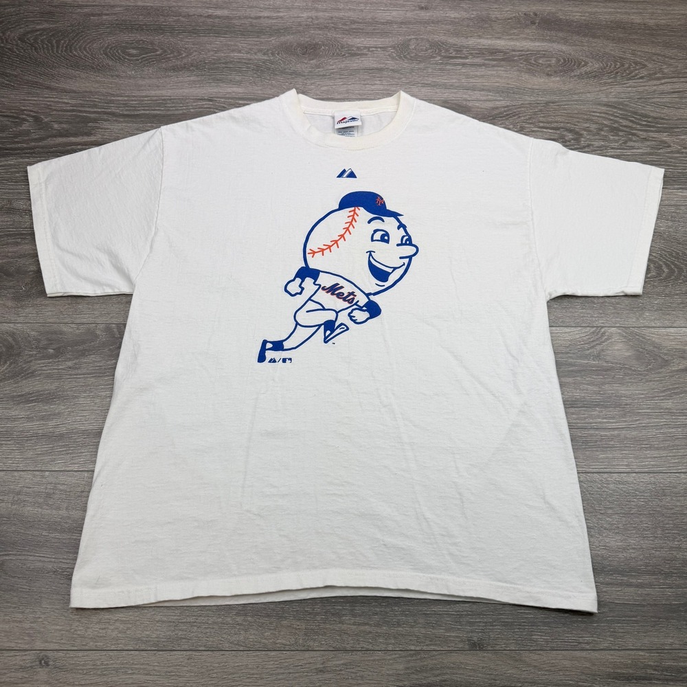 Majestic New York Mets T-Shirt Mens XL White Mr Met Graphic MLB Baseball Tee Y2K